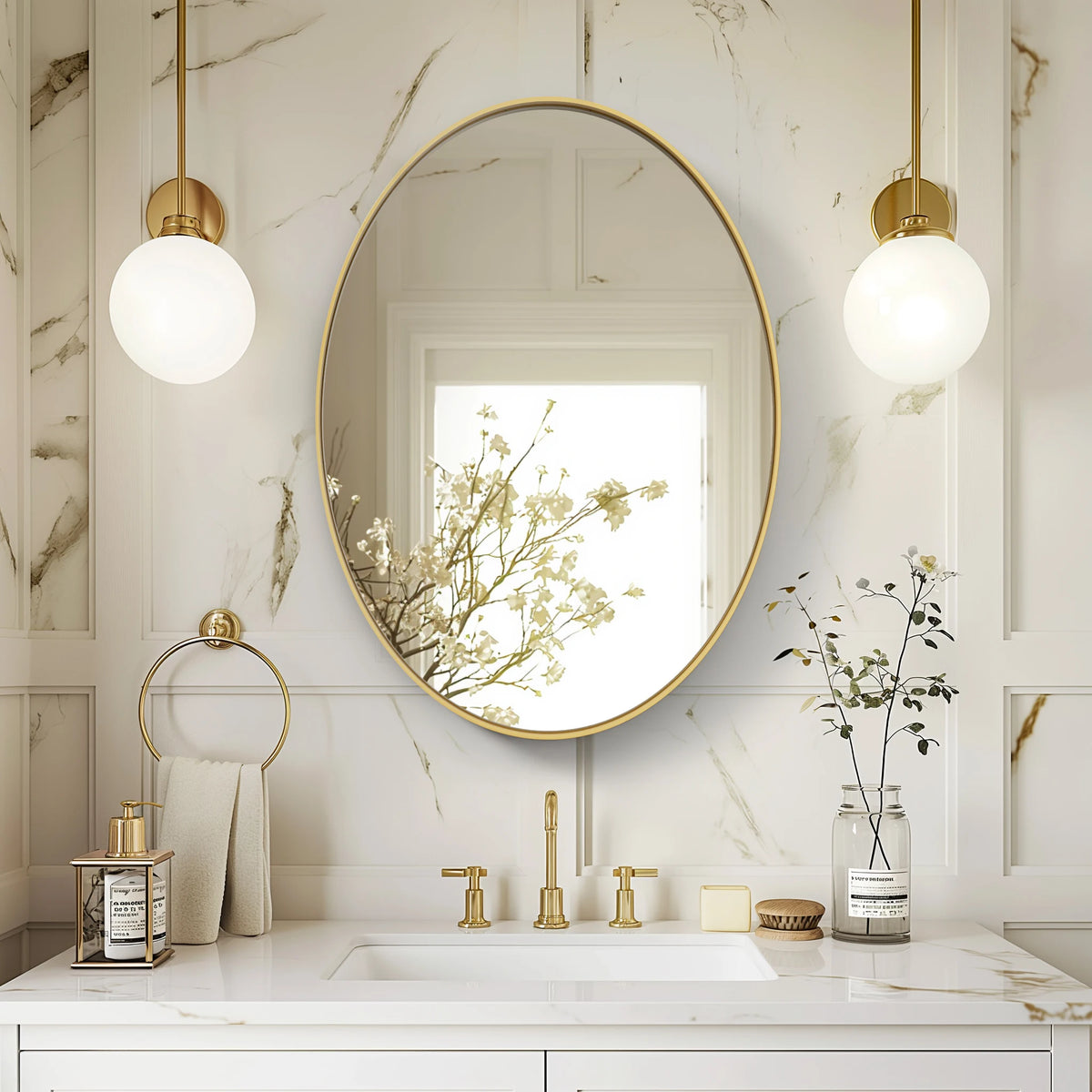 Oval Gold Bathroom Mirror, Gold Framed Mirror for Wall, Metal Frame Gold Circle Mirror Decorative