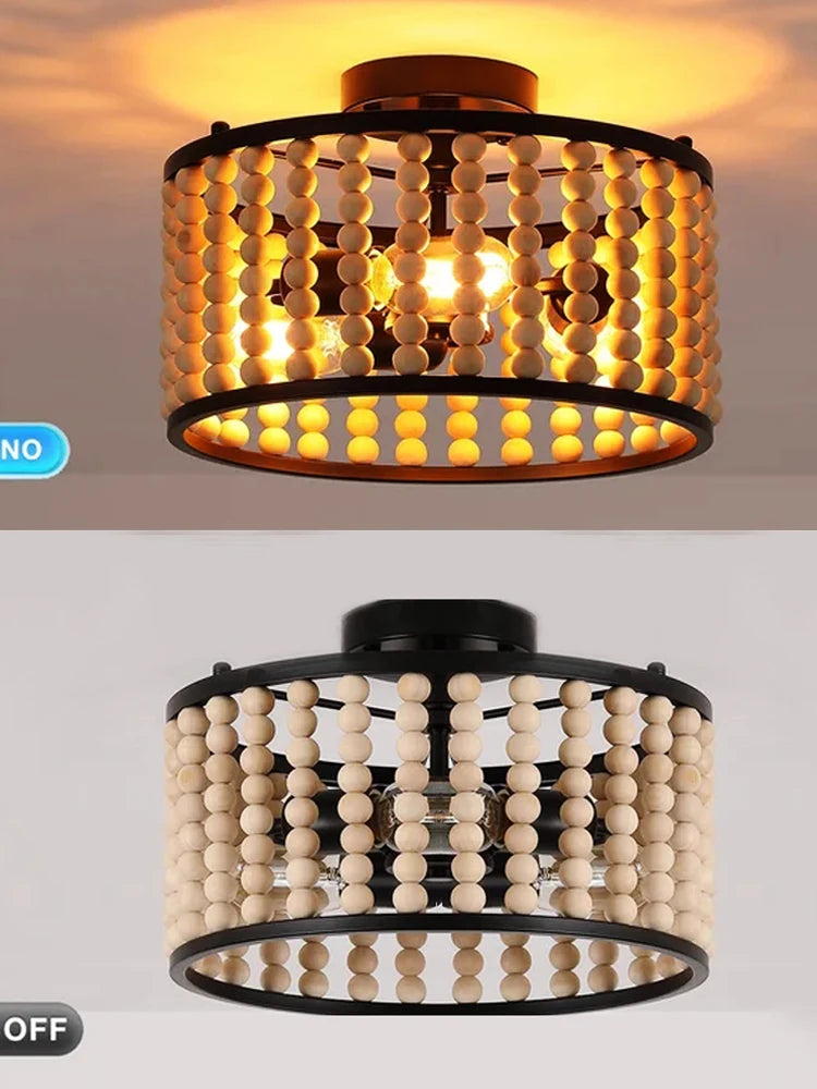 plafonnier en perles de bois fait main style vintage pour intérieur chaleureux - vue 6 sur 7