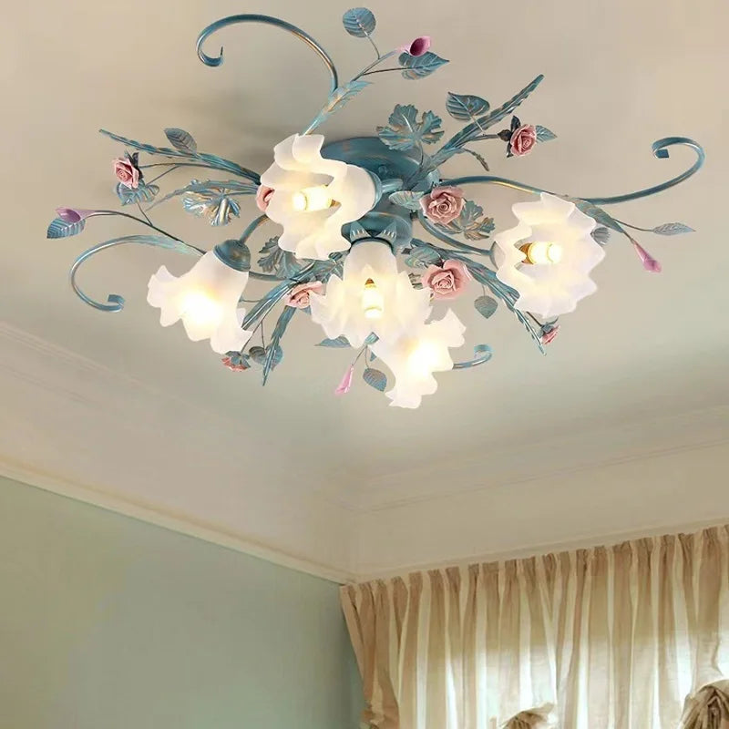 plafonnier led en fer fait main avec fleur de rose style américain coréen - vue 2 sur 10