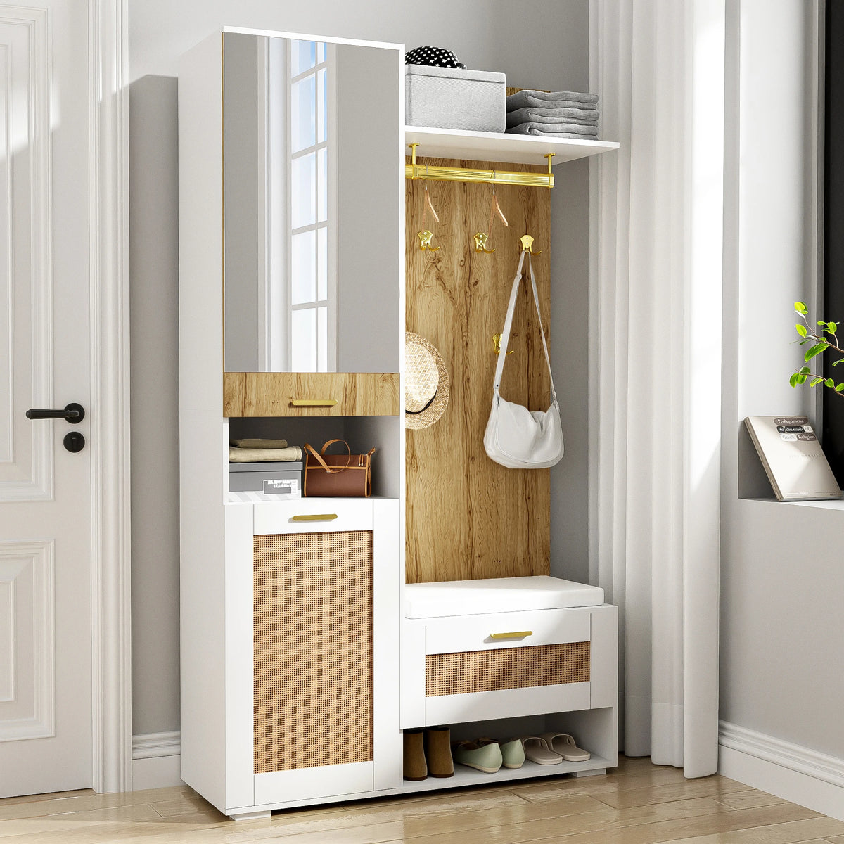 Wardrobe set, wardrobe set with mirror, 5 gold dresses hooks, shoe cabinet, wall wardrobe, top storage compartment, bench seat - vue 3 sur 6