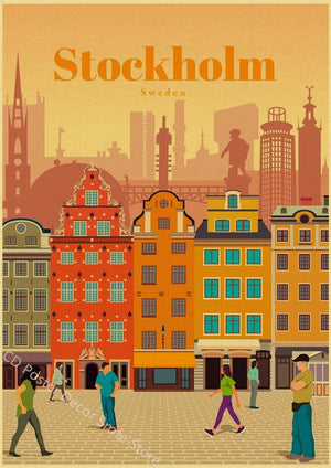 affiche rétro des villes du monde pour décoration murale