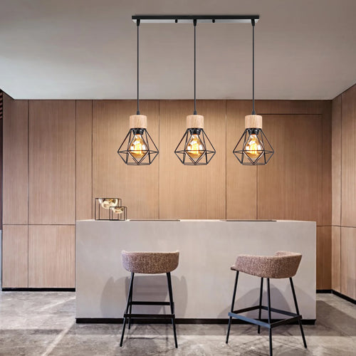 Vintage Pendelleuchte aus Holz LED-Holzleuchte im Industrial-Stil - vue 3 sur 14