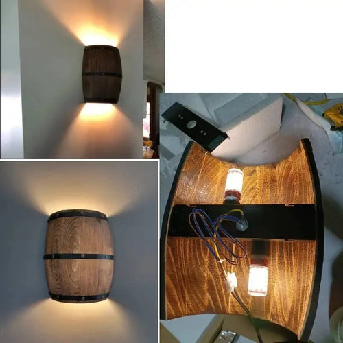 Retro-Wandleuchten in Fass-Optik aus Holz - vue 6 sur 8