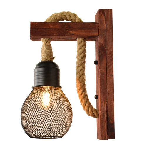 Vintage Industrie-Wandleuchte aus Holz und Hanfseil LED LOFT - vue 15 sur 15