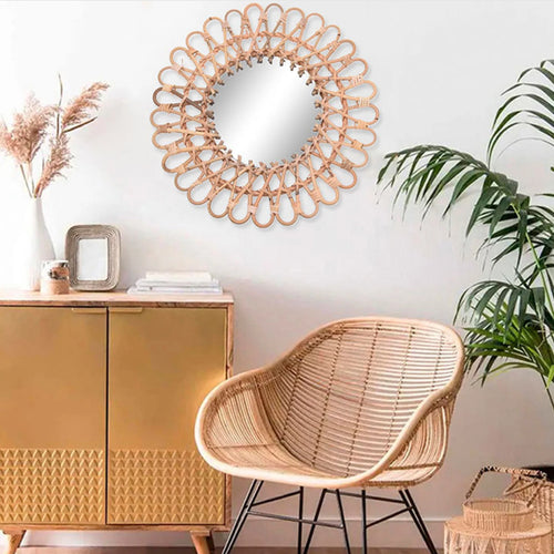 Wall Mirror, Round Wicker Rattan Decorative Mirror, Rustic Natural Rattan Wall Decor with Mounted Frame for Bathroom Hallway - vue 2 sur 7