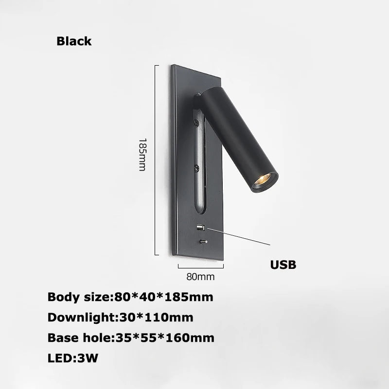 Black Brass Rectangular LED Wall Lamp Wall Sconce Wall Spotlight Reading Light with Switch and USB Port, Rotatable For Bedroom - vue 18 sur 22