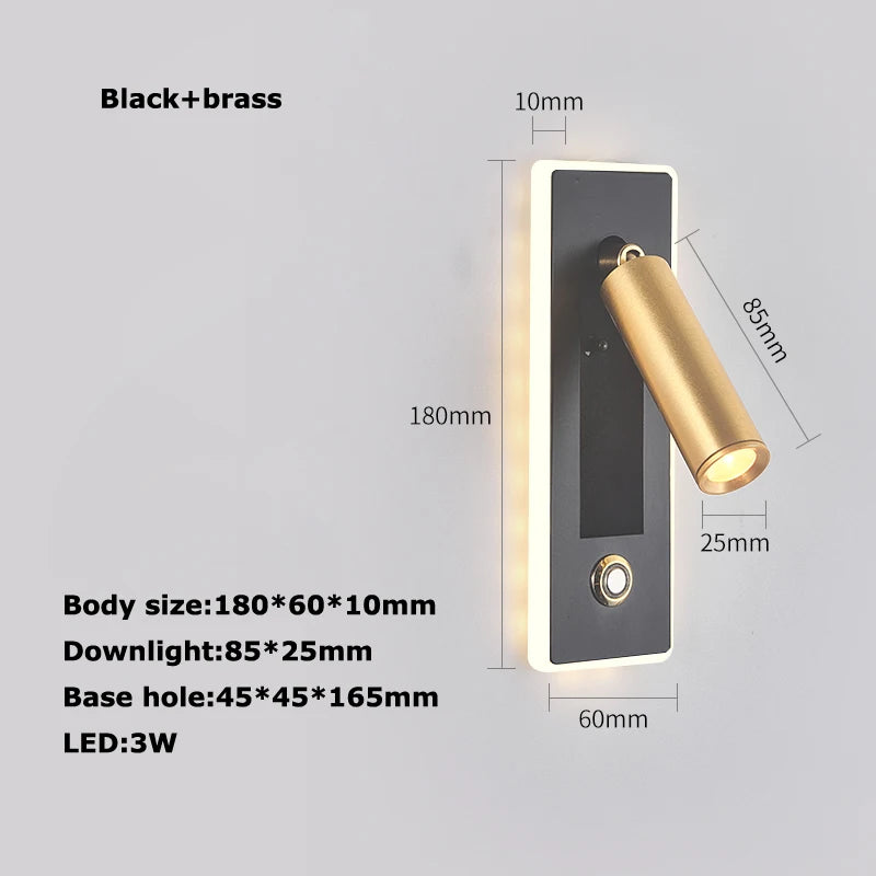 LED Brass Black Wall Lamp Wall Light Wall Sconce Wall Mounted Reading Light with Switch and USB Port, Rotatable For Bedroom - vue 14 sur 23