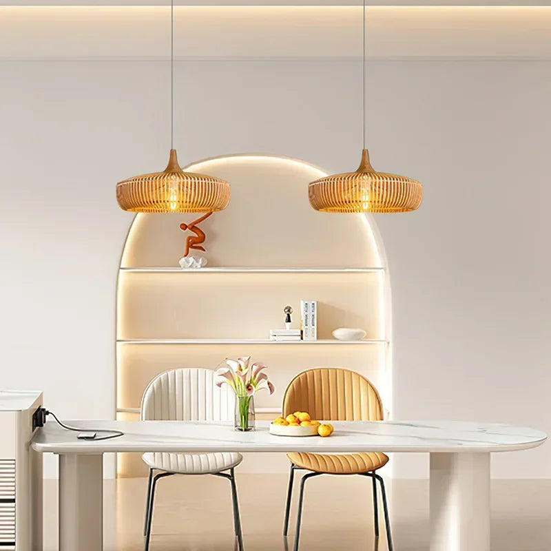 lustre en bois rond rétro pour table de restaurant avec led - vue 5 sur 15