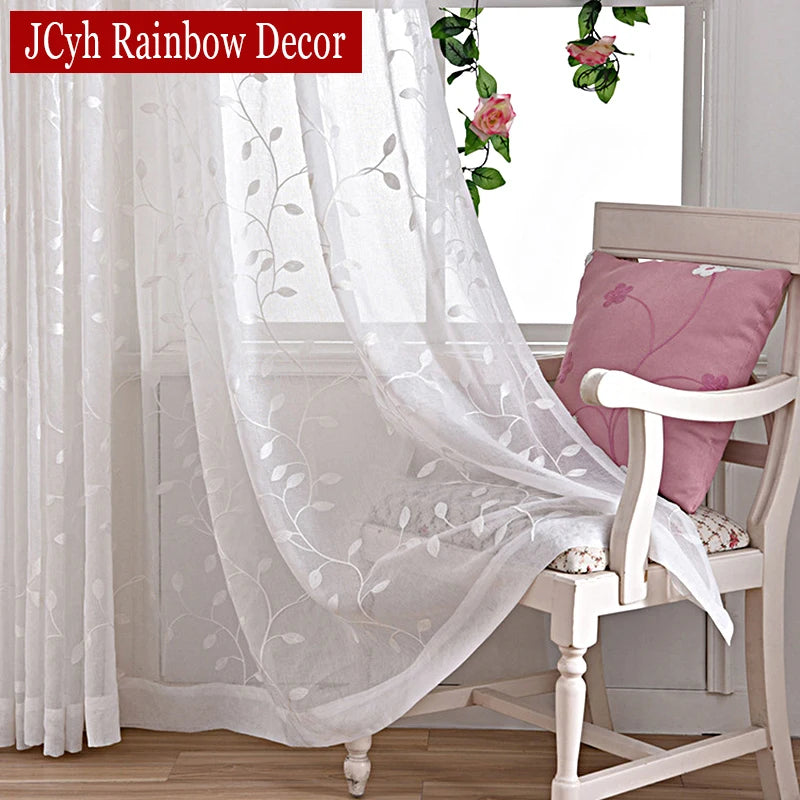 Voilage tulle brodé motif feuilles pour salon chambre - vue 2 sur 7