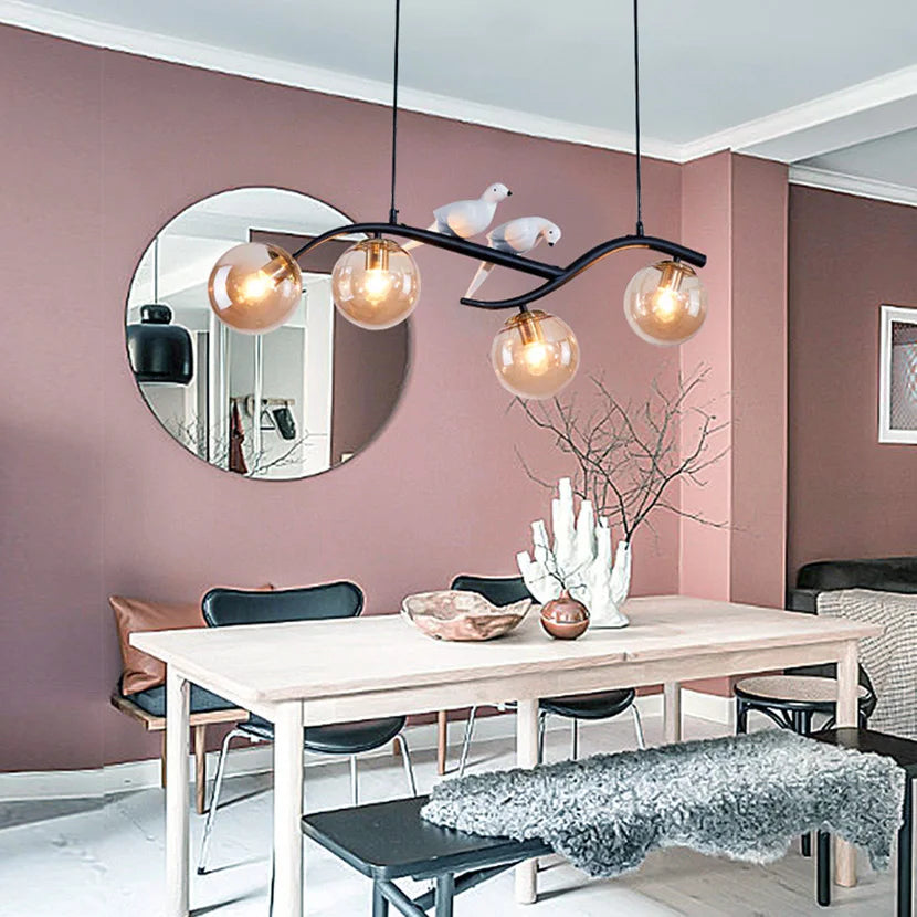 lustre en fer avec oiseau et boule de verre suspendue - vue 5 sur 12