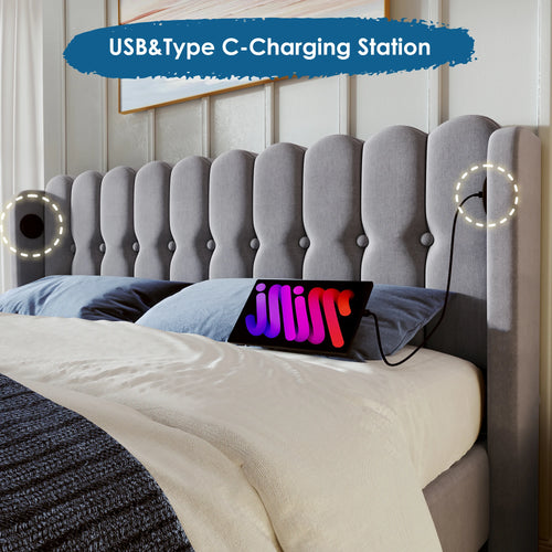 Cushion Bed Double with USB Type C Charging, Slatted Frame, Upholstered, Gray, 160x200 cm, Youth/Guest Room, Linen - vue 4 sur 6