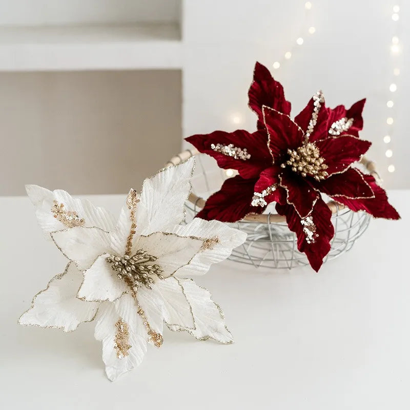 fleur de noël artificielle en velours pailleté décoration festive pour maison - vue 3 sur 12