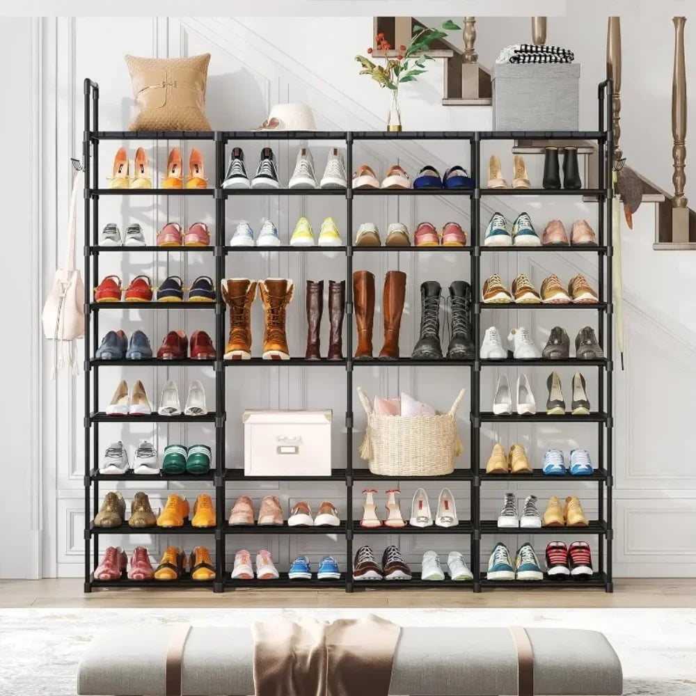 étagère à chaussures en métal double rangée avec crochets polyvalente - vue 3 sur 9