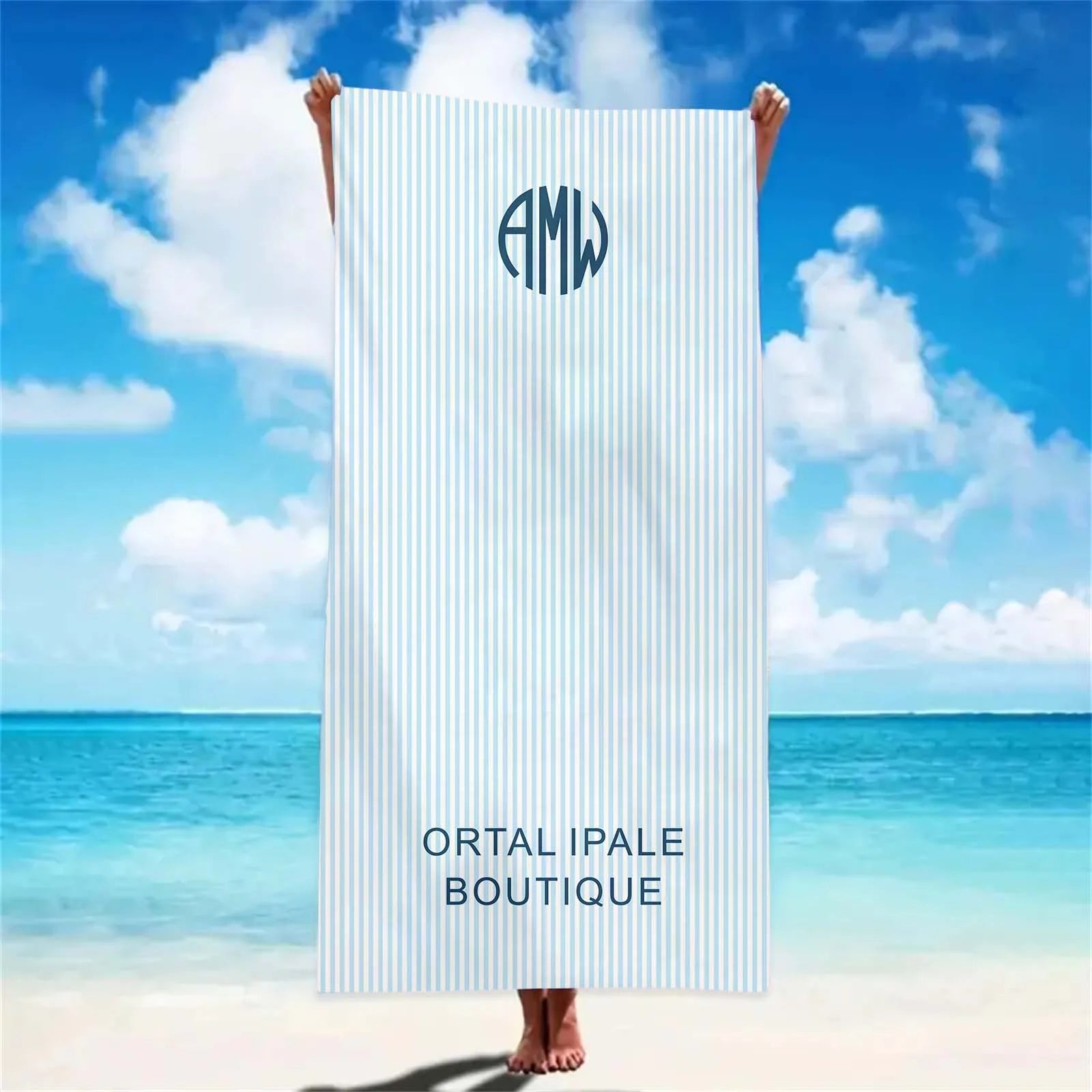 serviette de plage personnalisée rayures monogramme style preppy - vue 3 sur 6