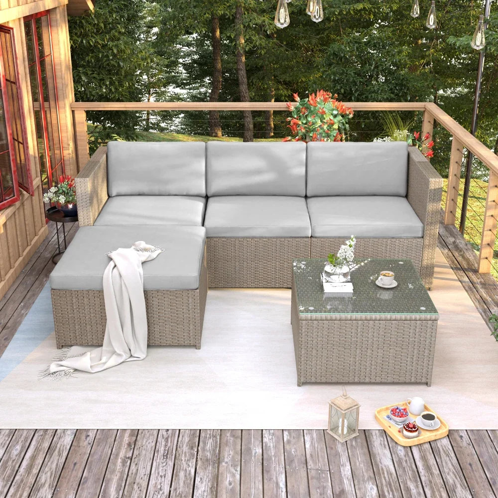 Poly rattan lounge sofa set, garden furniture, corner sofa with seat cushion and back cushion/lounge table with glass top