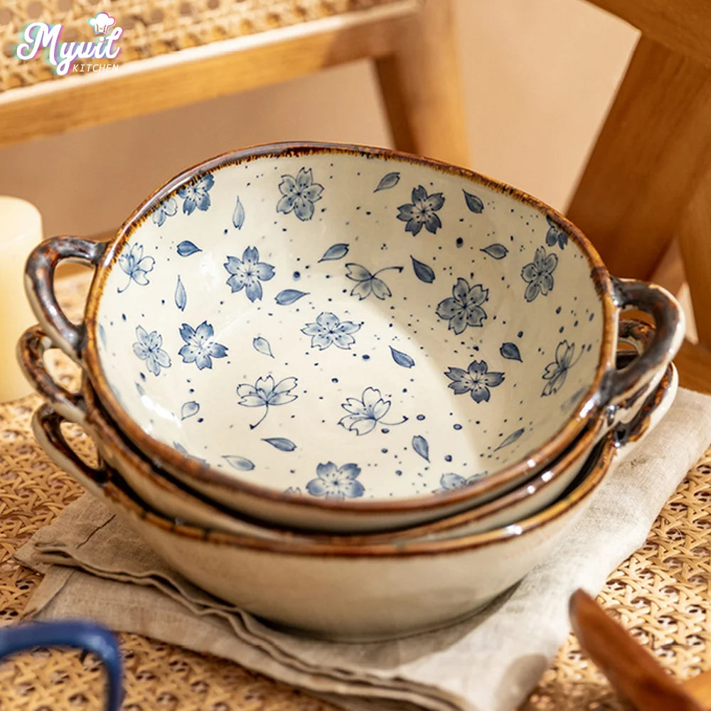 Bol japonais céramique anse motif floral 19cm