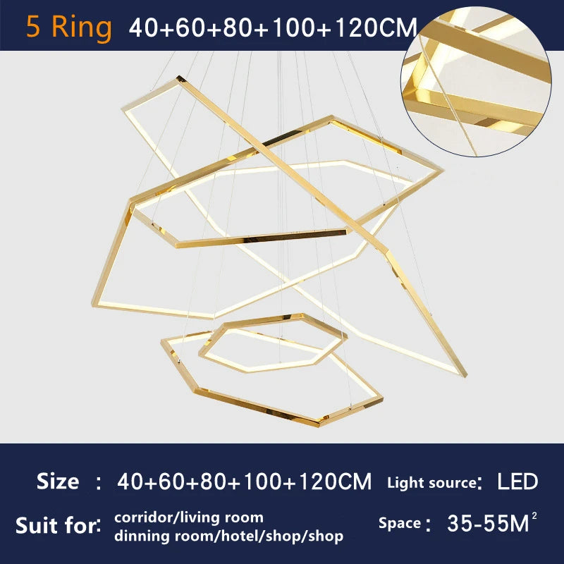 Luxuriöser geometrischer Kronleuchter in Gold mit LED