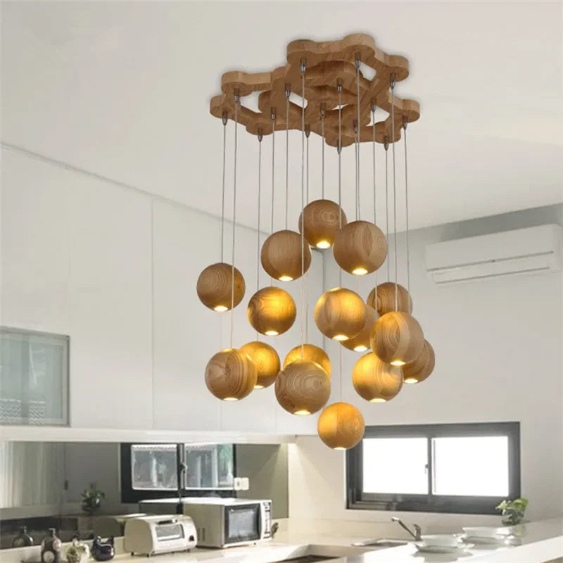 Moderne LED-Pendelleuchte aus Holz GZMJ mit mehreren Köpfen - vue 3 sur 11