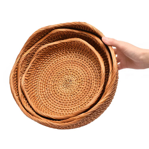 HeMu-Round Rattan Woven Basket, Wicker Fruit Basket, Bread Food, Kitchen Home Decor, Organizer Breadbasket for Kitchen - vue 6 sur 13