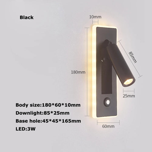 LED Brass Black Wall Lamp Wall Light Wall Sconce Wall Mounted Reading Light with Switch and USB Port, Rotatable For Bedroom - vue 23 sur 23