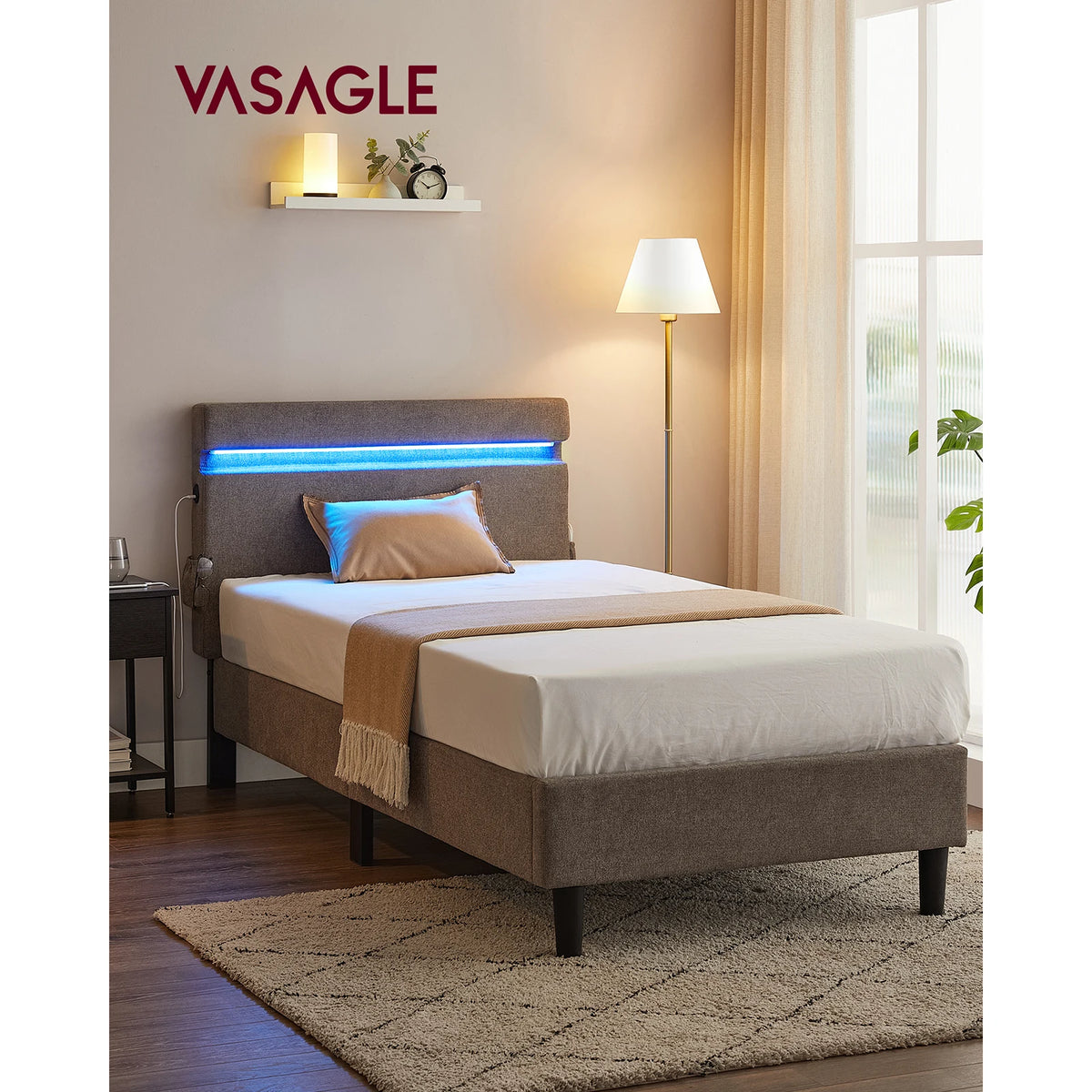 VASAGLE Metal Single Bed, 90 x 190 cm, Bed Frame, with Headboard, LED Lighting, USB and Type-C Port, Modern Style