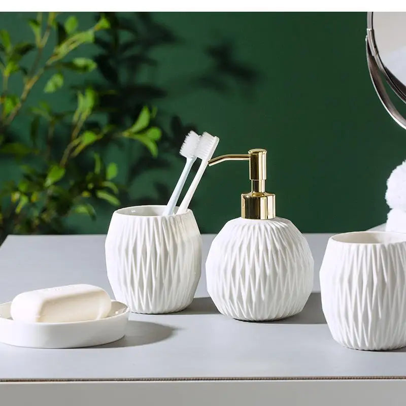 Nordic Bathroom, Dark Green Ceramic Embossed Shape, Soap Dispenser, Dish, Mouthwash Cup, Bathroom Supplies, Set