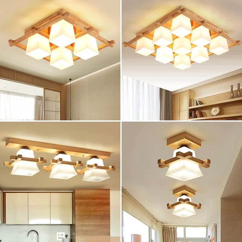 plafonnier led japonais avec abat-jour en verre et base en bois - vue 4 sur 18
