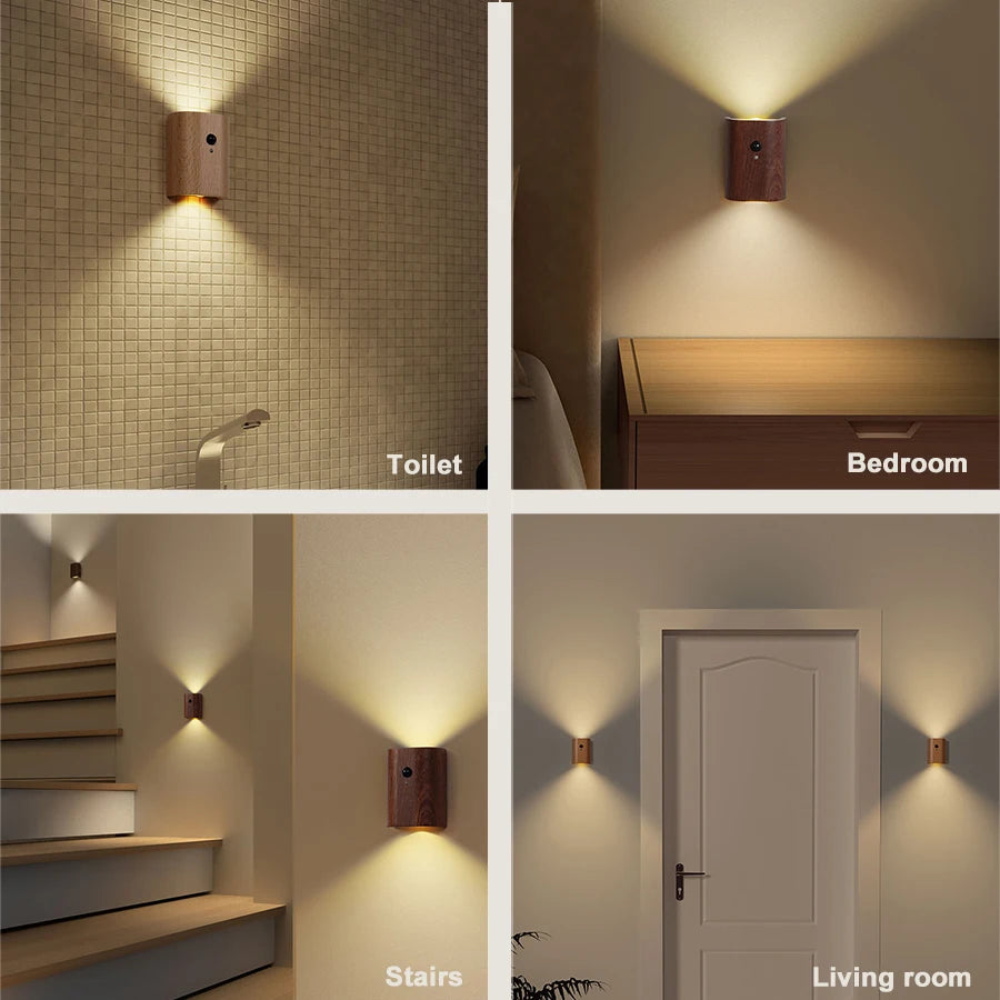 LED capteur de mouvement en bois Induction veilleuses sans fil USB Rechargeable applique murale chambre cuisine couloir escaliers éclairage - vue 3 sur 8