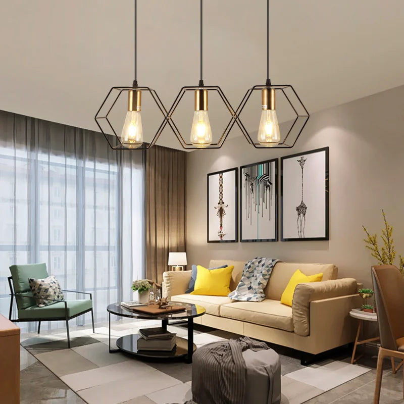 lustre créatif led moderne avec cadre métallique géométrique - vue 5 sur 11