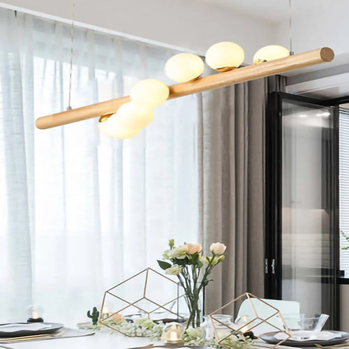 Lustre suspendu en bois massif avec boules de verre blanc lait