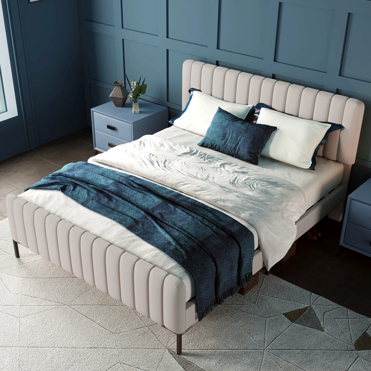 Cushion bed double bed 140x200 cm, bed frame with slatted frame and adjustable headboard, upholstered bed in gray-beige, bed - vue 4 sur 6