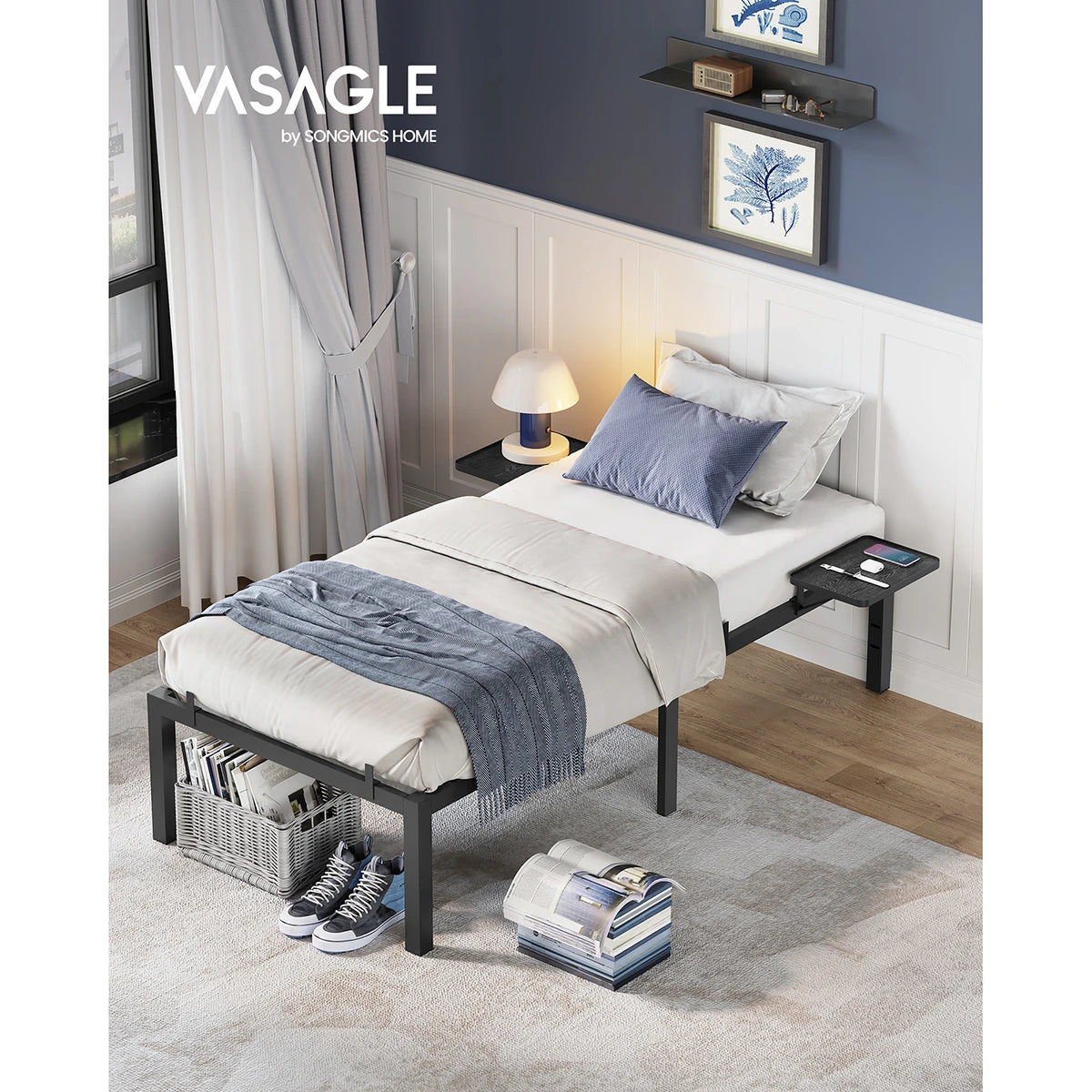 VASAGLE Single Bed Frame, Metal Bed Frame, with Bedside Shelves, Guest Bed Frame, for 90 x 190 cm Mattresses, Easy Assembly