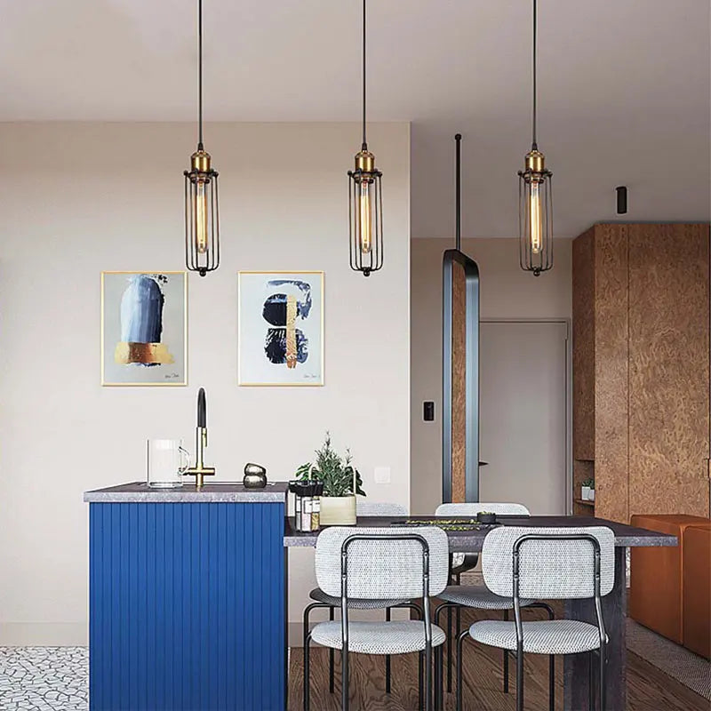 lampes suspendues industrielles vintage avec cage en fer - vue 4 sur 6