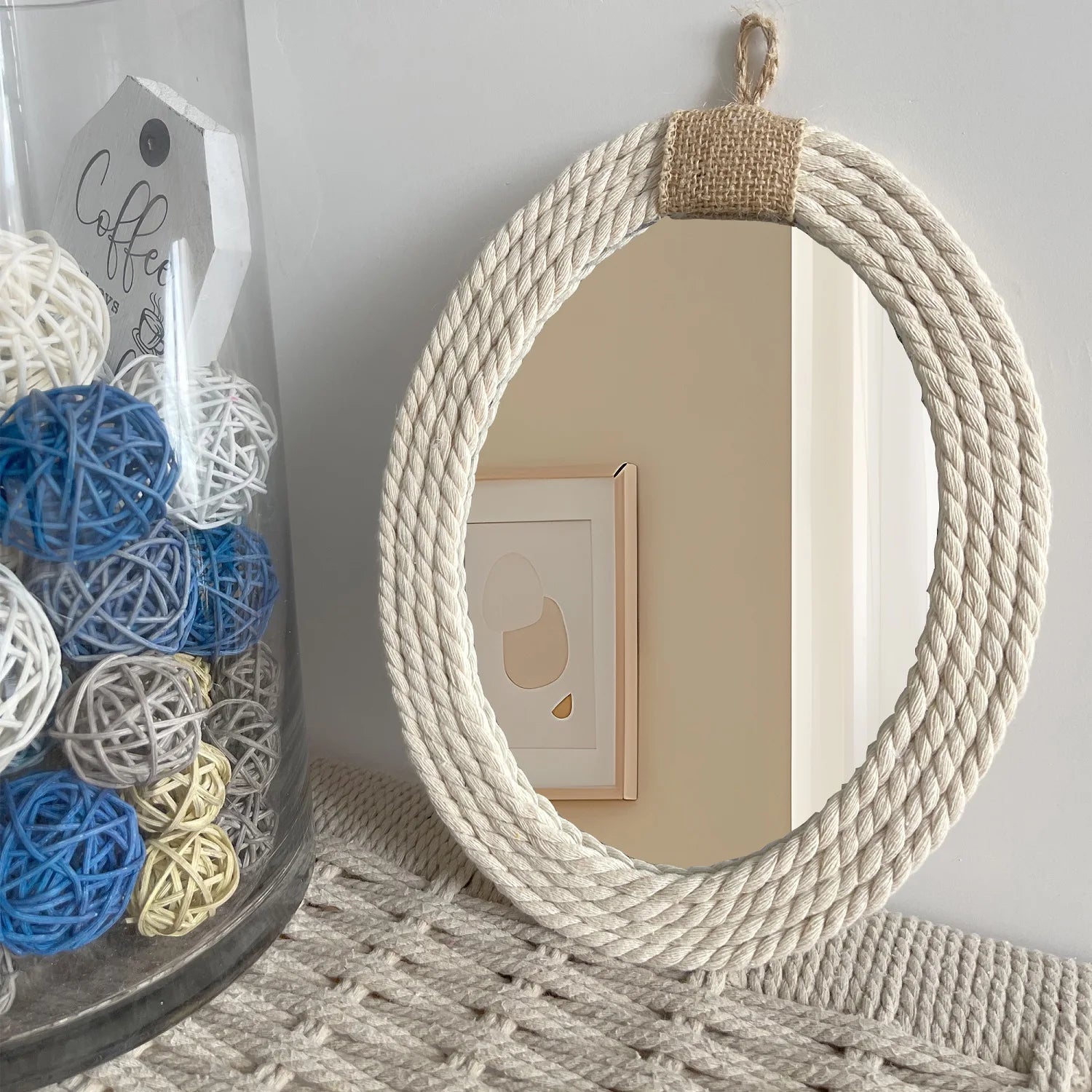miroir ovale en corde style nautique avec frange en macramé - vue 5 sur 7