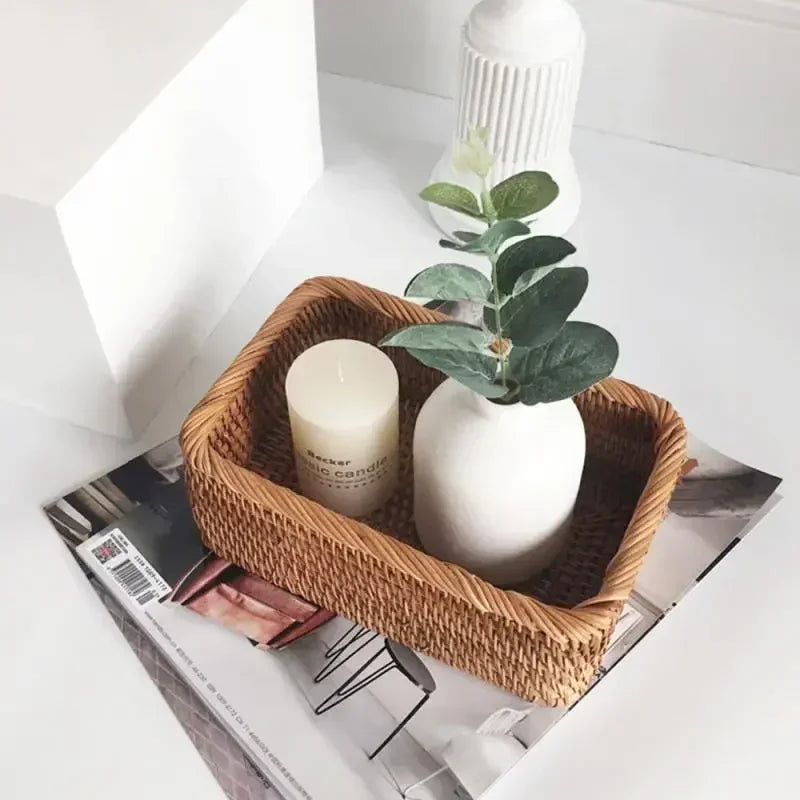 panier en rotin rectangulaire tissé à la main pour rangement et pique-nique - vue 6 sur 15