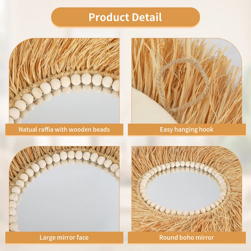 miroir décoratif en perles de bois et bambou fait main - vue 5 sur 7
