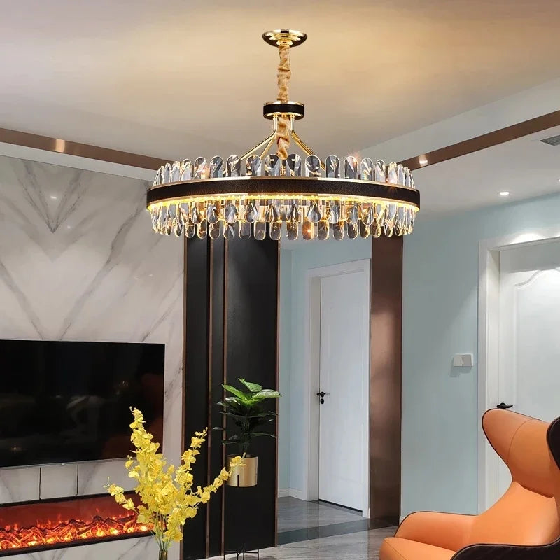lustre moderne en cristaux éclairage rond à led - vue 4 sur 14