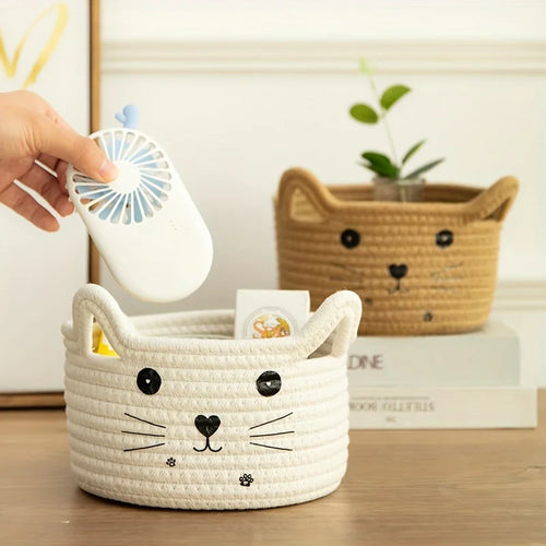 panier de rangement en coton tissé visage de chat adorable - vue 3 sur 11