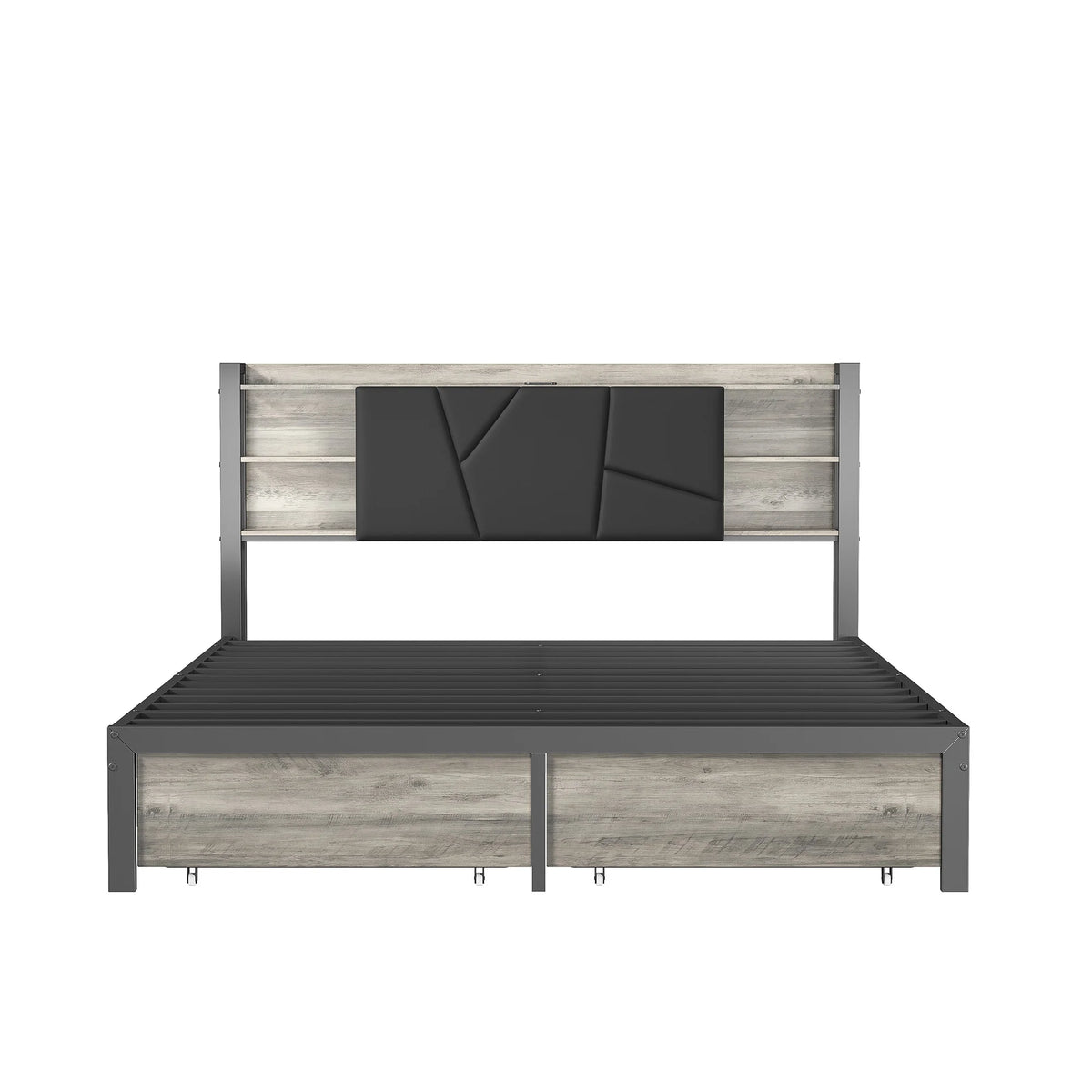 Double Bed with Metal Slatted Base,Platform Bed Frame with LED and 2 Drawers,Headboard with Storage Space,without mattress - vue 4 sur 7