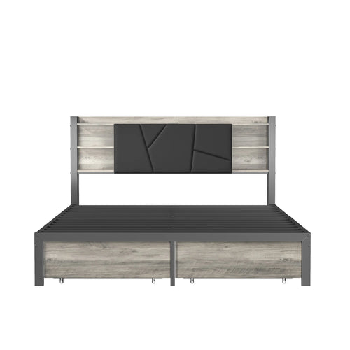 Double Bed with Metal Slatted Base,Platform Bed Frame with LED and 2 Drawers,Headboard with Storage Space,without mattress - vue 5 sur 7