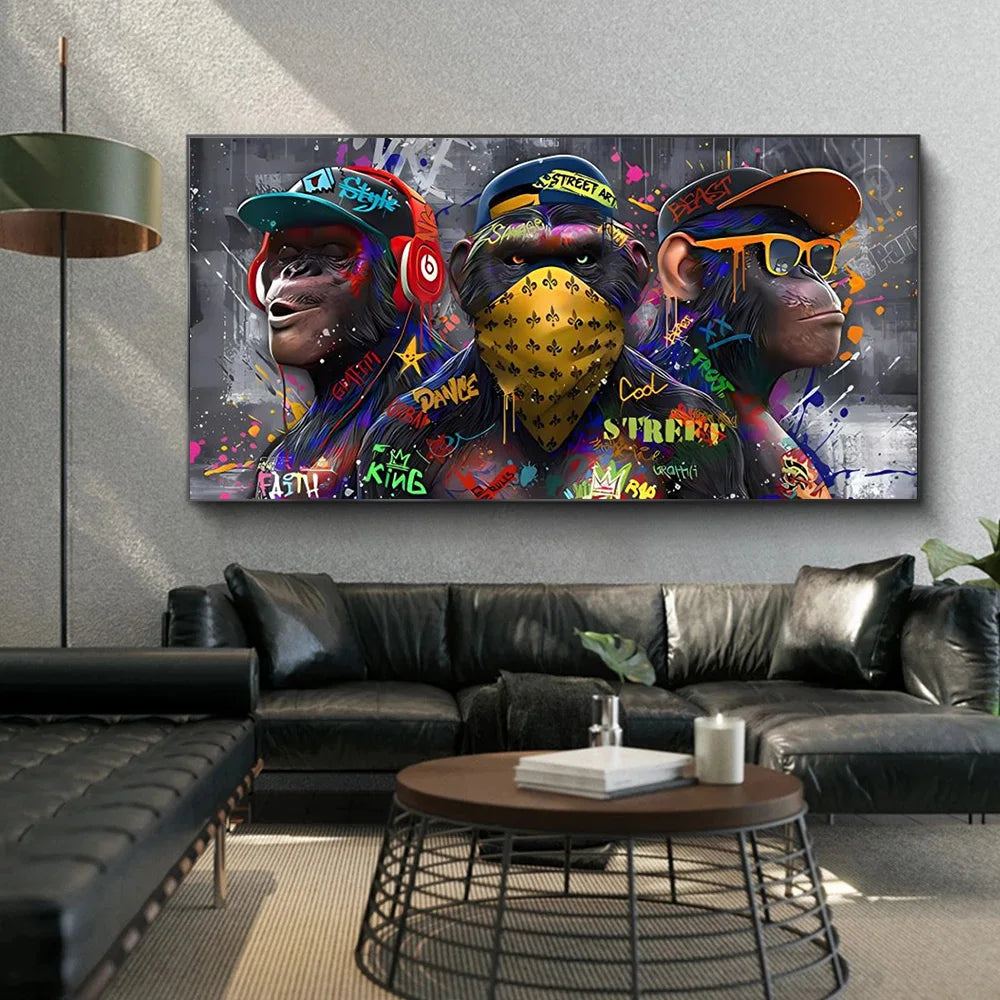 trois orangs-outans graffiti art mural décoration singe musique - vue 5 sur 7