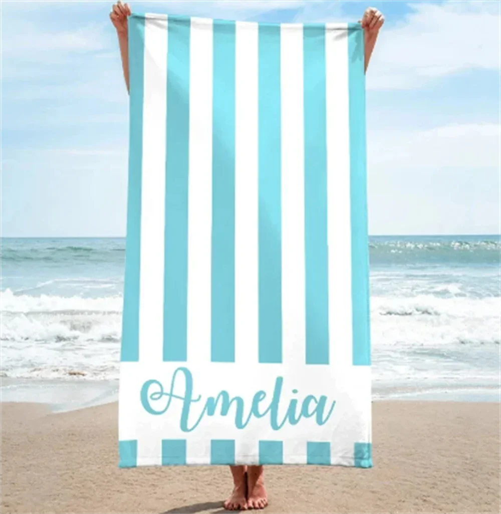 serviette de plage personnalisee rayures microfibre avec prenom - vue 3 sur 5