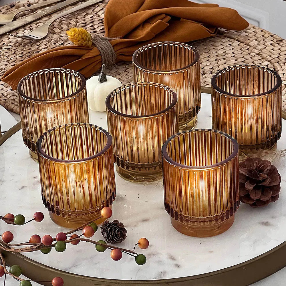Vintage Ribbed Amber Glass Tealight & Votive Candle Holders , Fall Decor, Boho Decor, Shelf Decoration