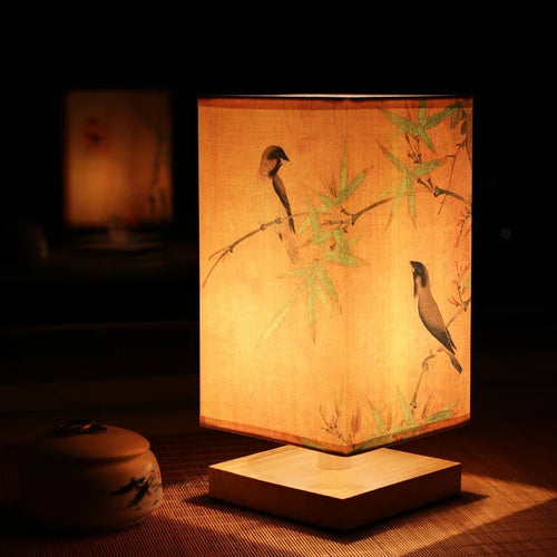 Dekorative Vintage-Tischlampe aus Holz mit handgemaltem Landschaftsmotiv - vue 2 sur 14