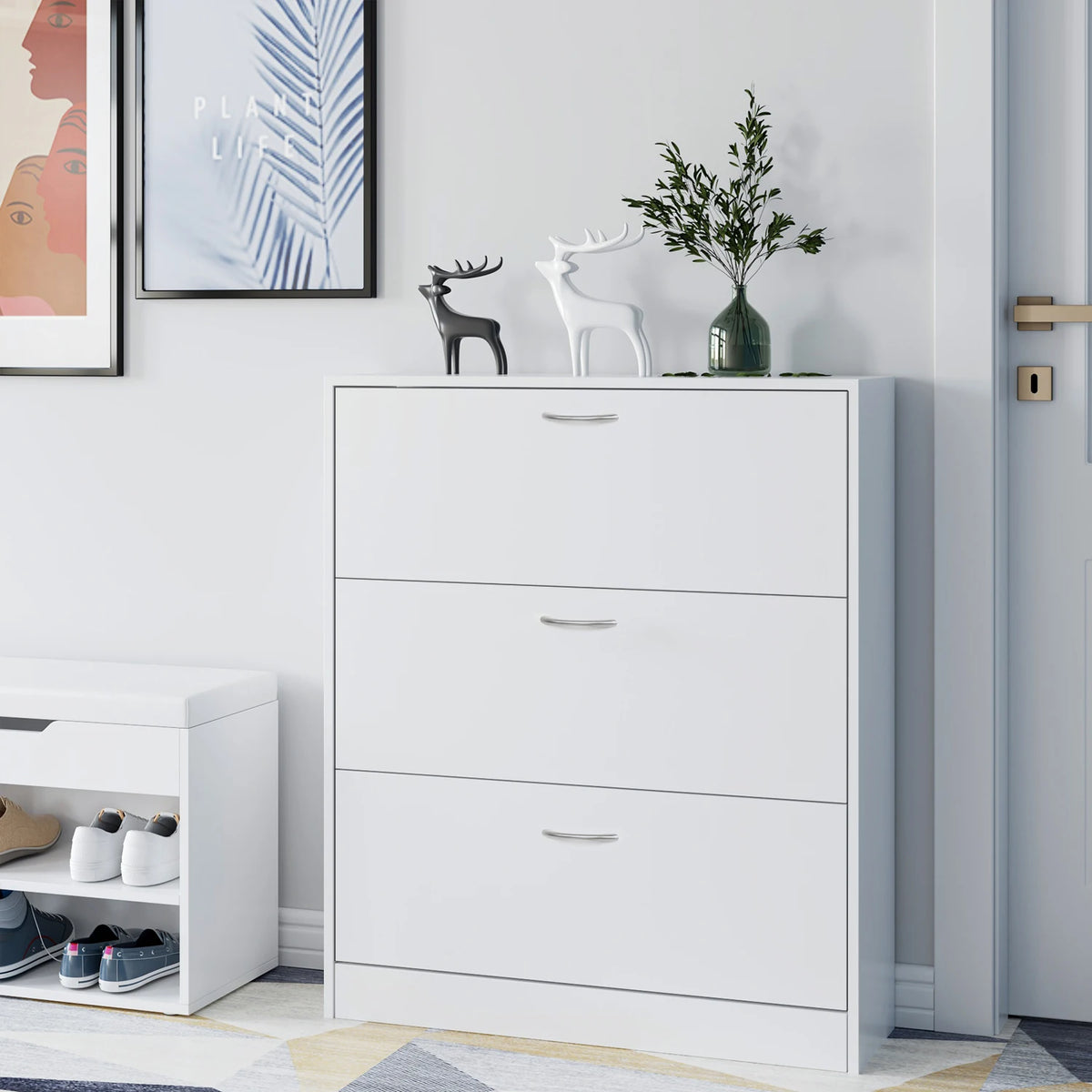 Getone Shoe Cabinet with 3 Doors, Shoe Storage Cupboard, White Shoe Rack Space Saving for Hallway 110x80x23.5cm