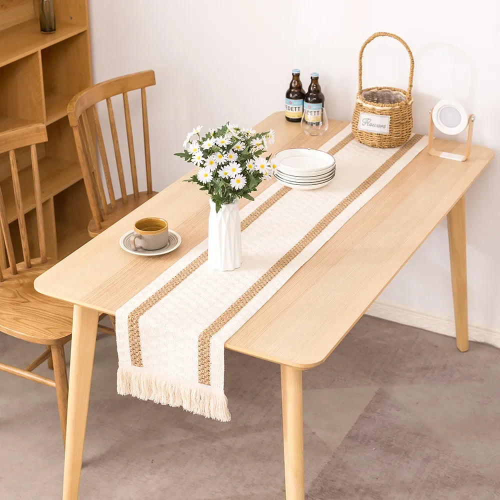 Chemin de table aspect lin motif carreaux decoratif - vue 3 sur 5