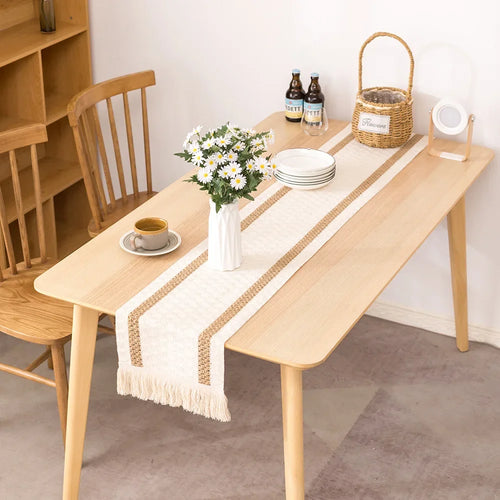 Chemin de table aspect lin motif carreaux decoratif