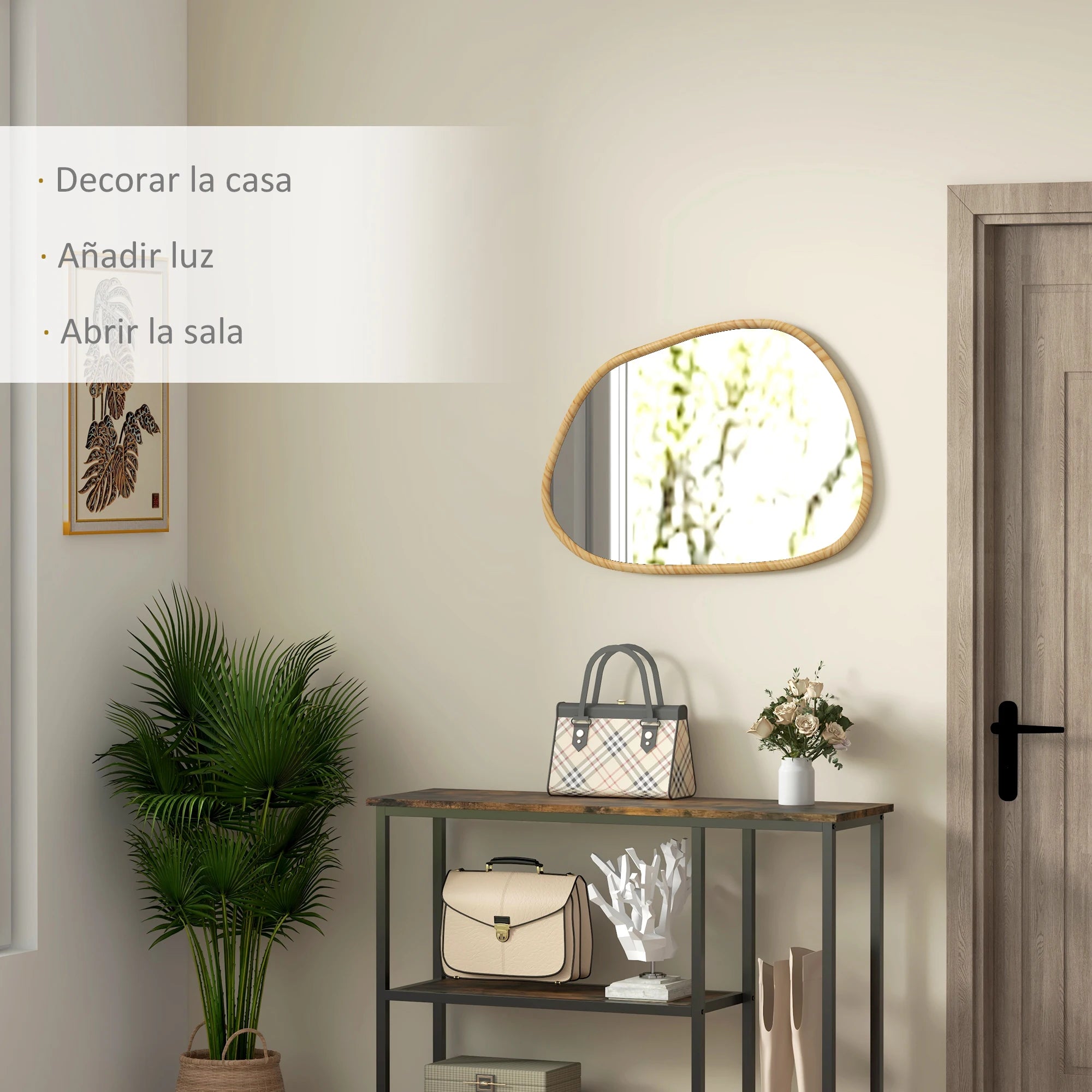 miroir mural homcom forme irrégulière cadre en bois naturel - vue 5 sur 7