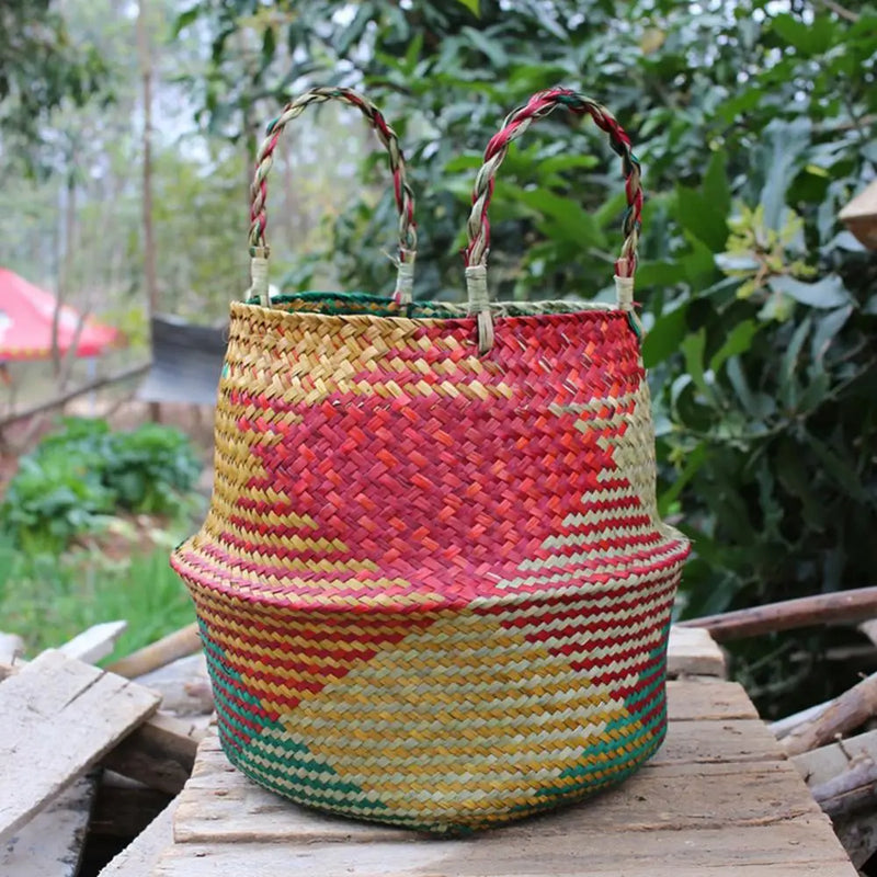 panier de rangement en paille avec poignée pliable pour fleurs et linge