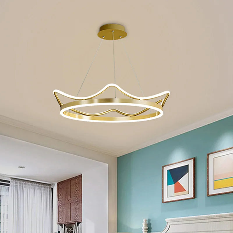 Nordique moderne LED or rose en acier inoxydable suspension bande couronne forme anneau lustre bébé enfants chambre plafonnier - vue 4 sur 10